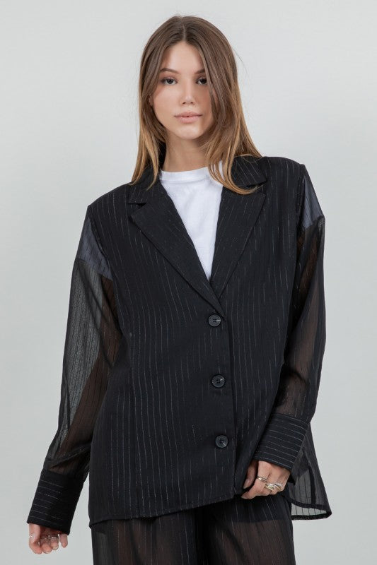 Set Pantalón y Blazer gasa líneas brillos Negro