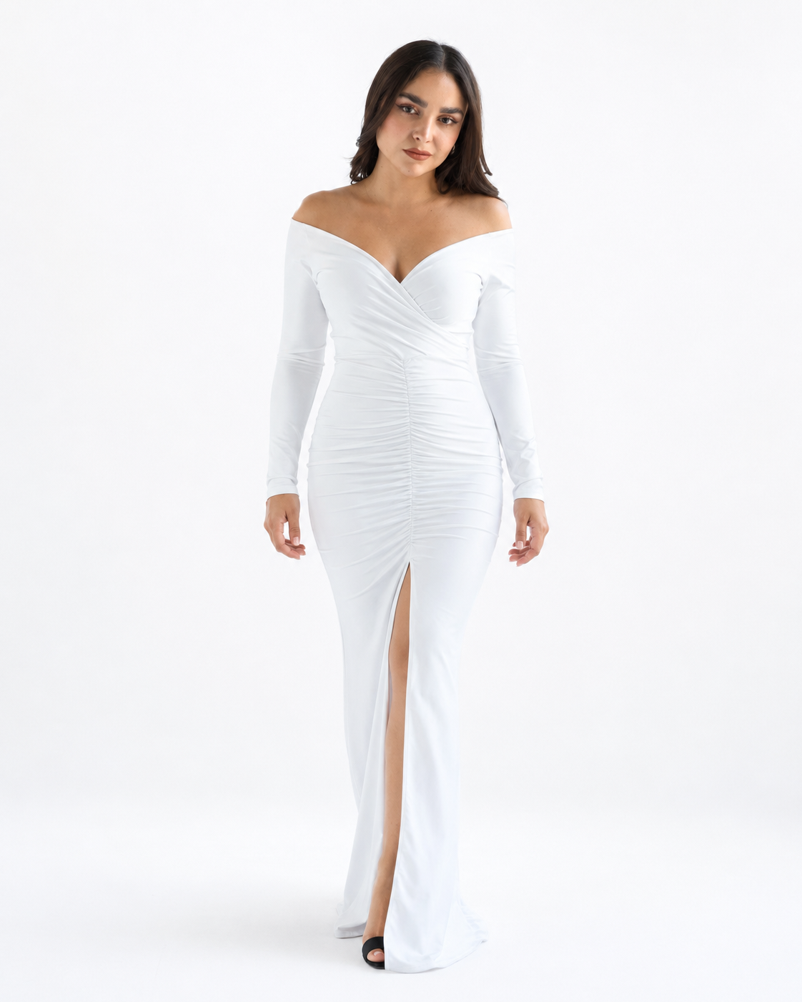 Vestido largo de licra spandex drapeado Blanco