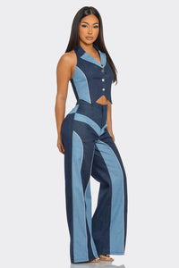 Fashion Styled Set Pantalón y Top Denim bitono