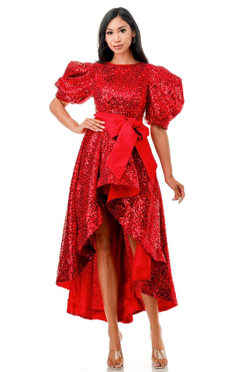 Vestido manga puffy cauda lentejuela