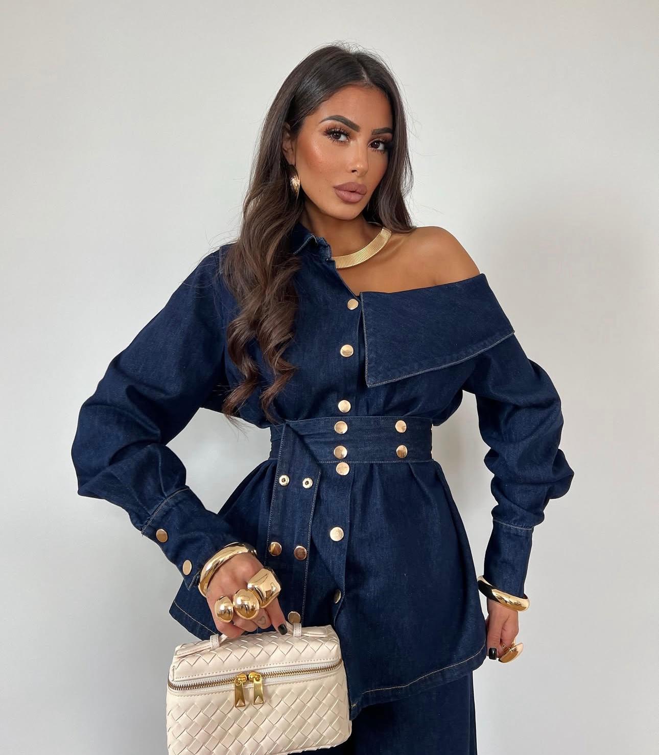 Shacket denim cuello asimétrico