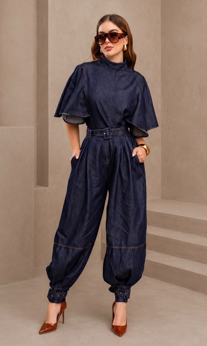 Set Pantalón globo y Blusa tipo capa Denim