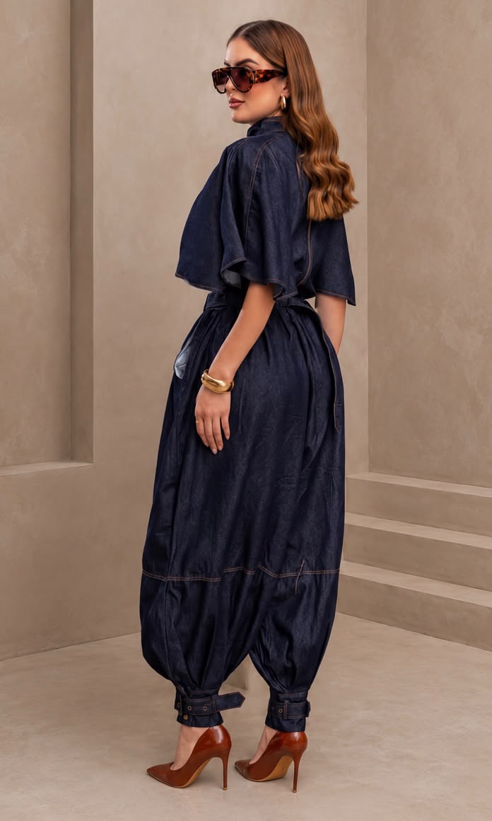 Set Pantalón globo y Blusa tipo capa Denim