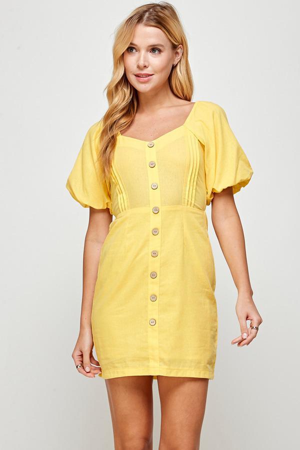 Vestido lino manga puffy Amarillo