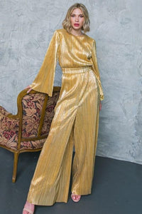 Fashion Styled Jumpsuit plisado metálico Dorado