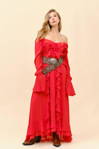 Fashion Styled Vestido largo olanes gasa Rojo