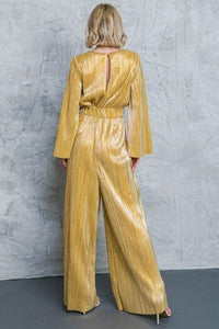 Fashion Styled Jumpsuit plisado metálico Dorado