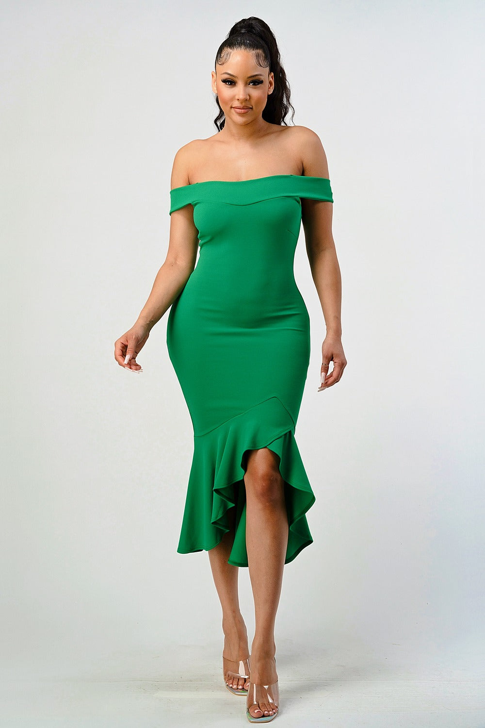 Vestido midi off shoulder olán Verde