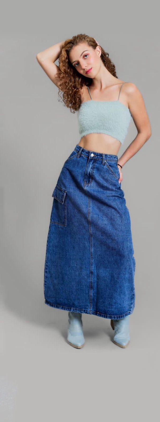 Falda larga denim Cargo abertura trasera