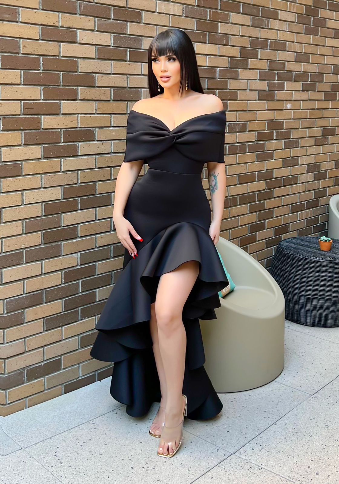 Vestido largo neopreno olanes Negro