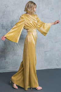 Fashion Styled Jumpsuit plisado metálico Dorado