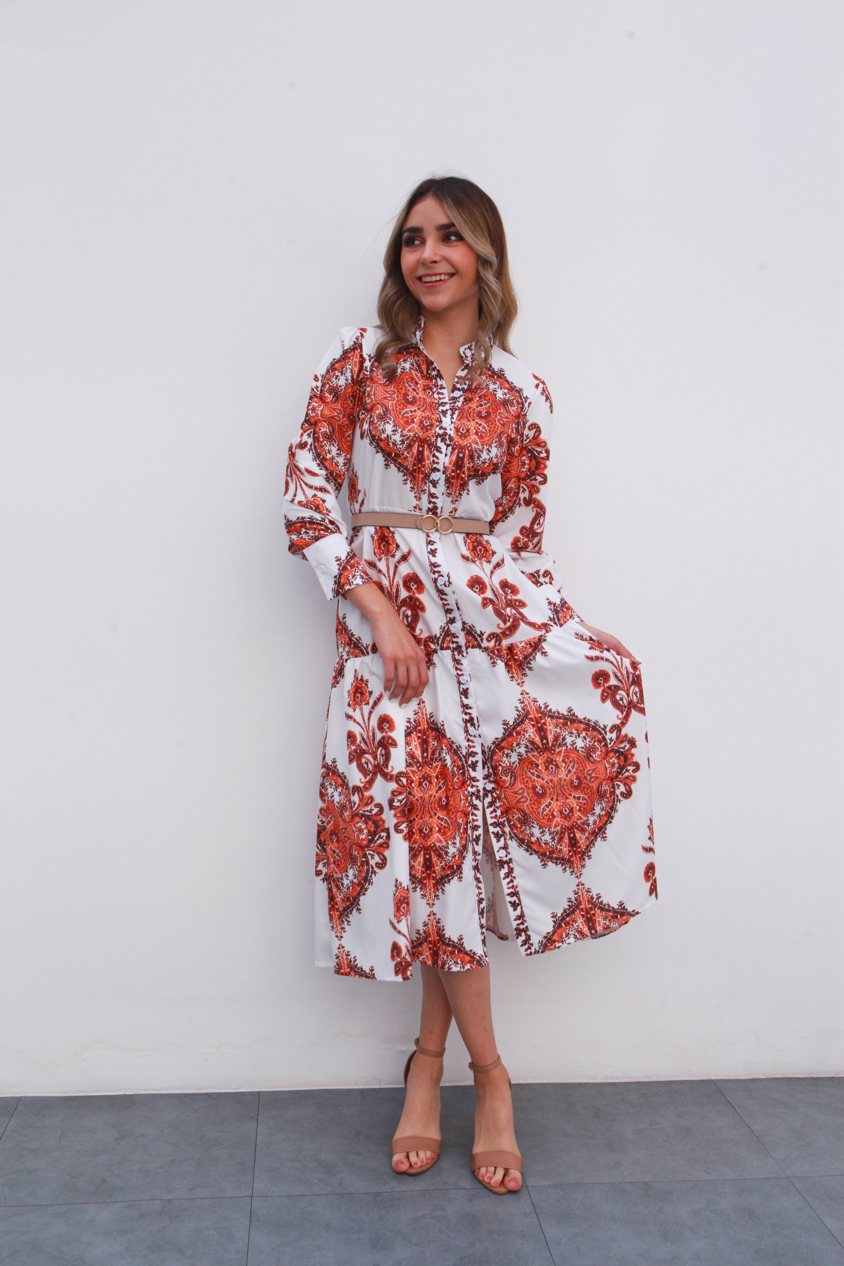 Vestido camisero manga larga Garigoleado Café