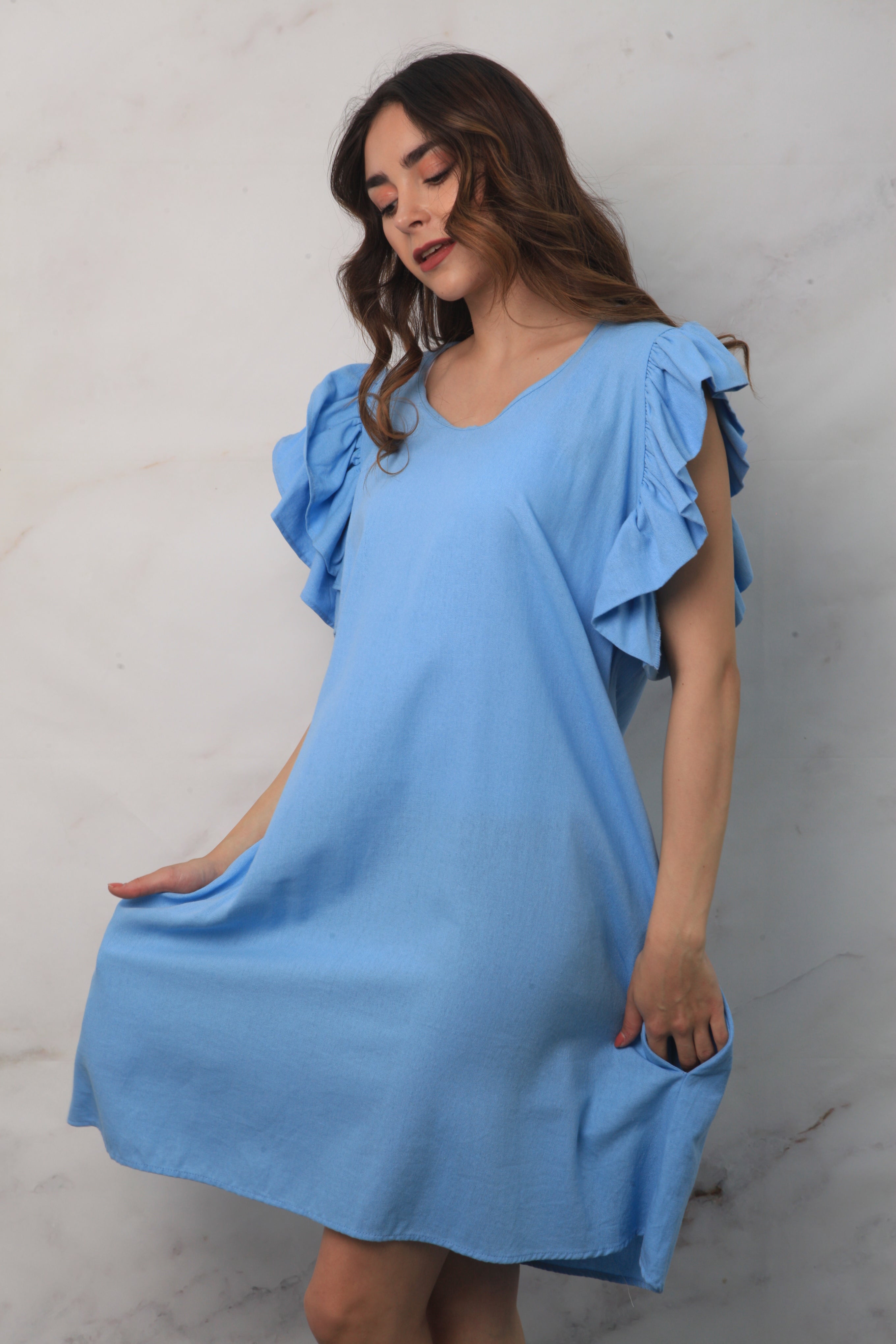 Vestido tipo lino con manga olán Azul
