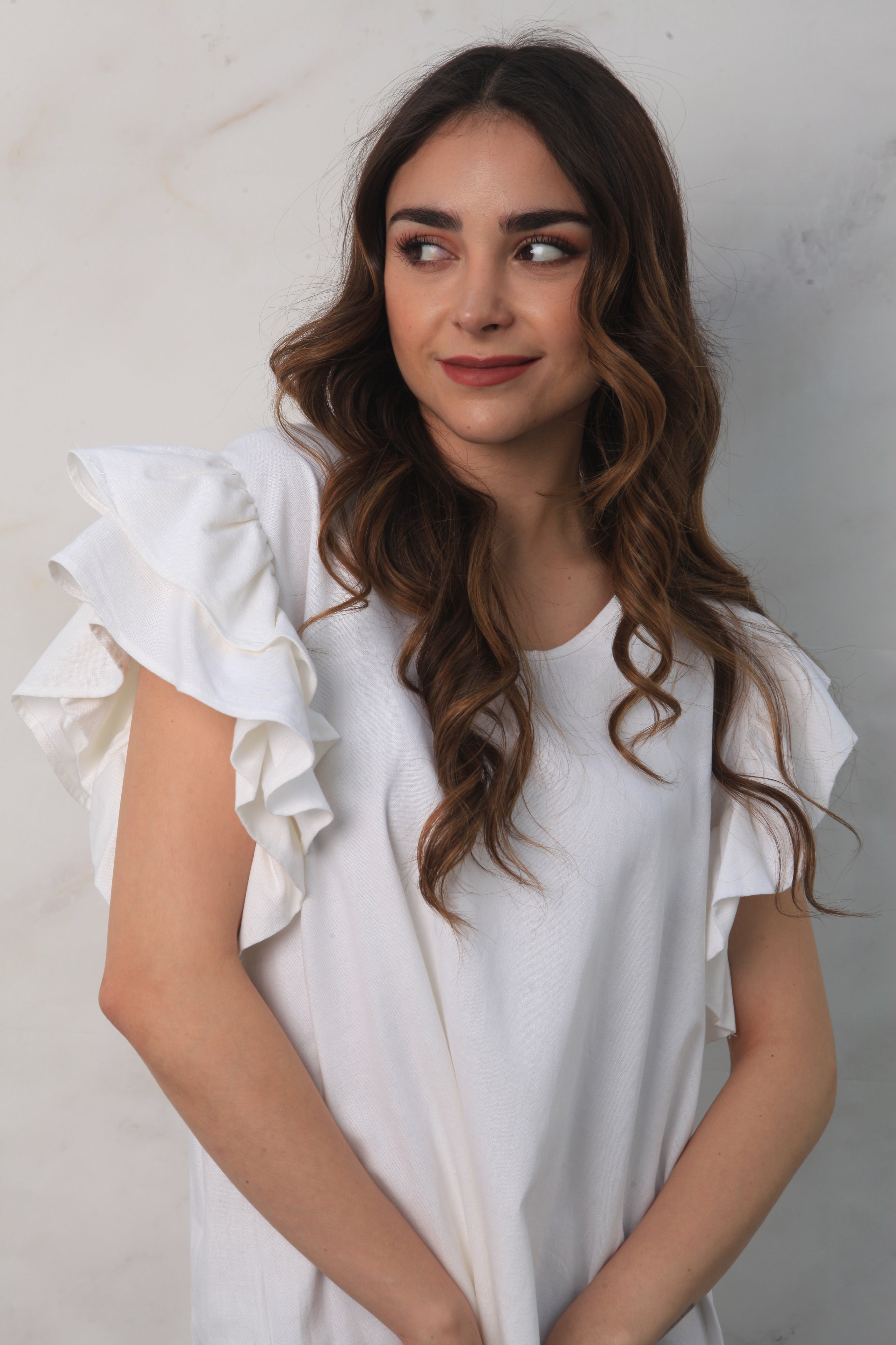 Vestido tipo lino con manga olán Blanco