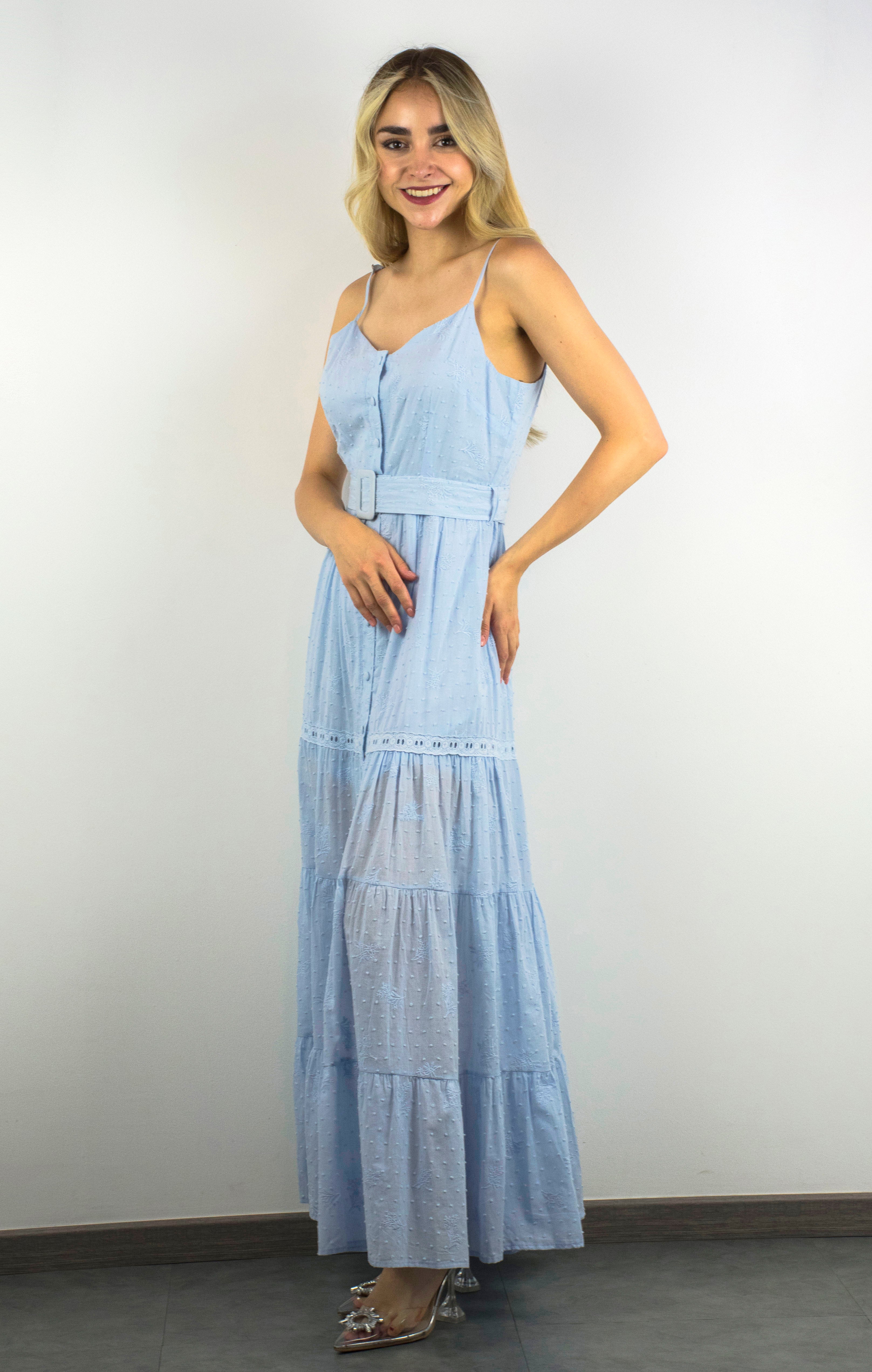 Vestido largo con tira bordada Azul