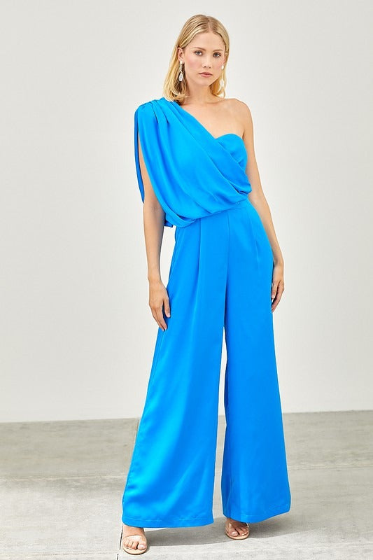Jumpsuit satín un hombro Azul