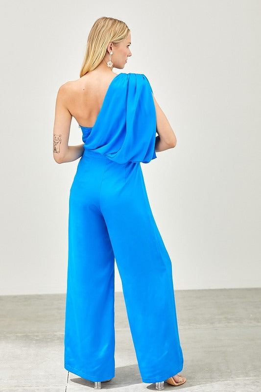 Jumpsuit satín un hombro Azul