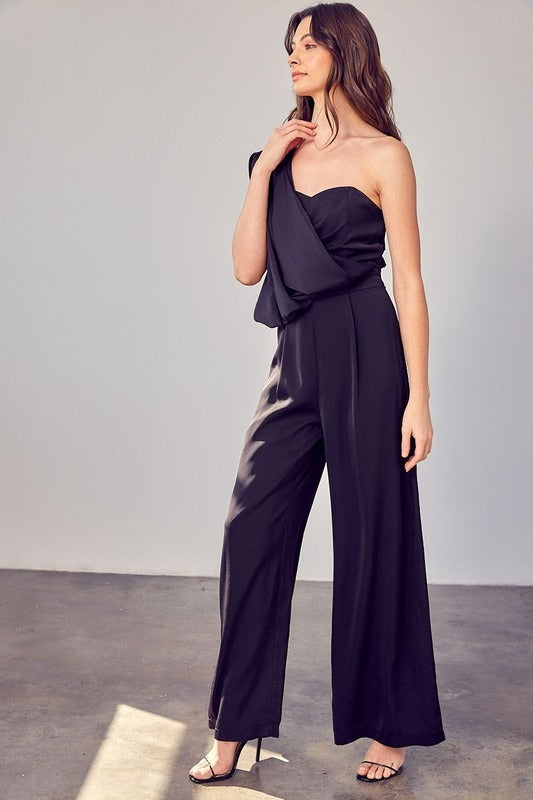 Jumpsuit satín un hombro Negro