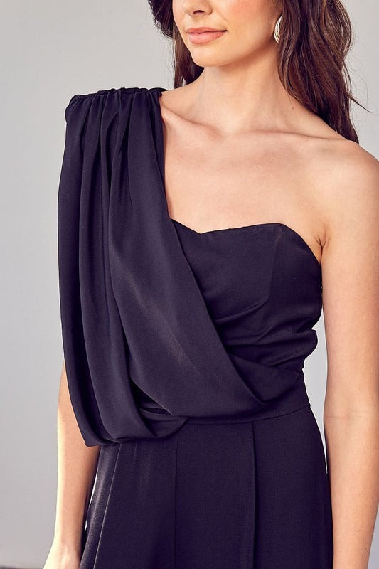 Jumpsuit satín un hombro Negro