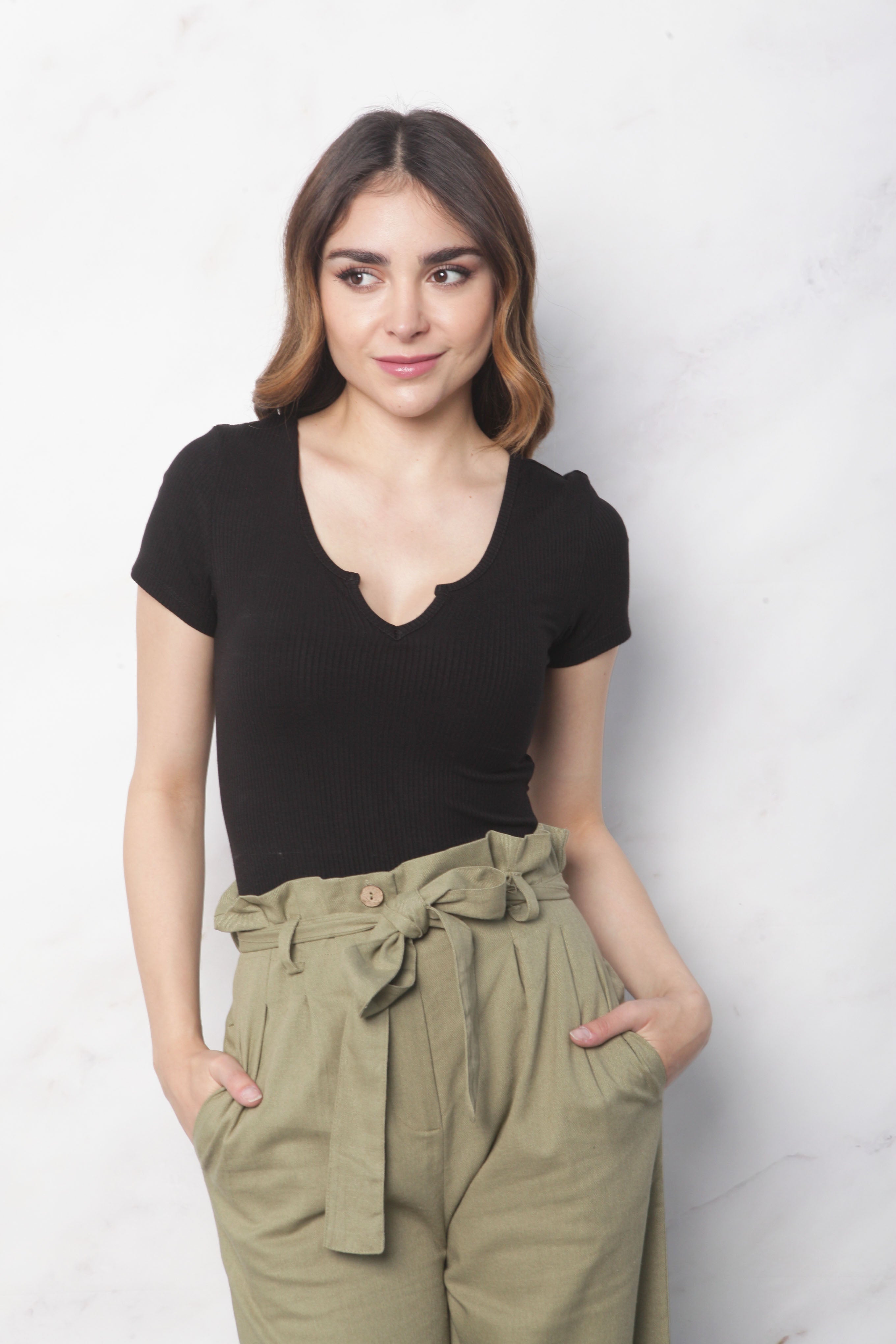 Body de algodón con licra manga corta Negro