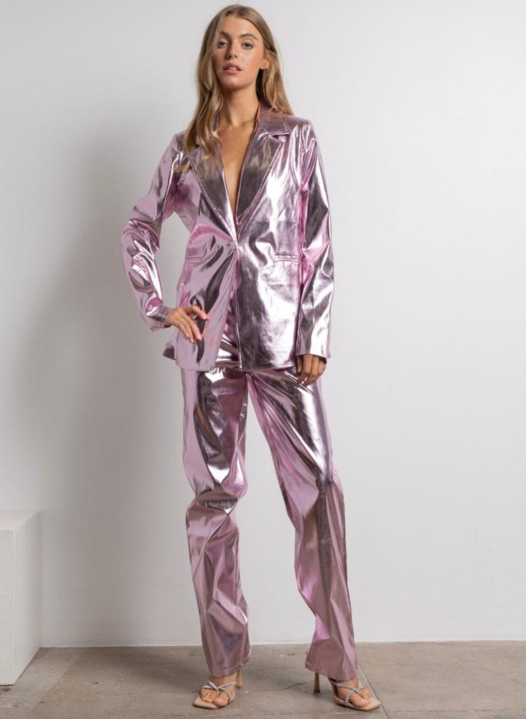 Pantalón recto metálico Rosa