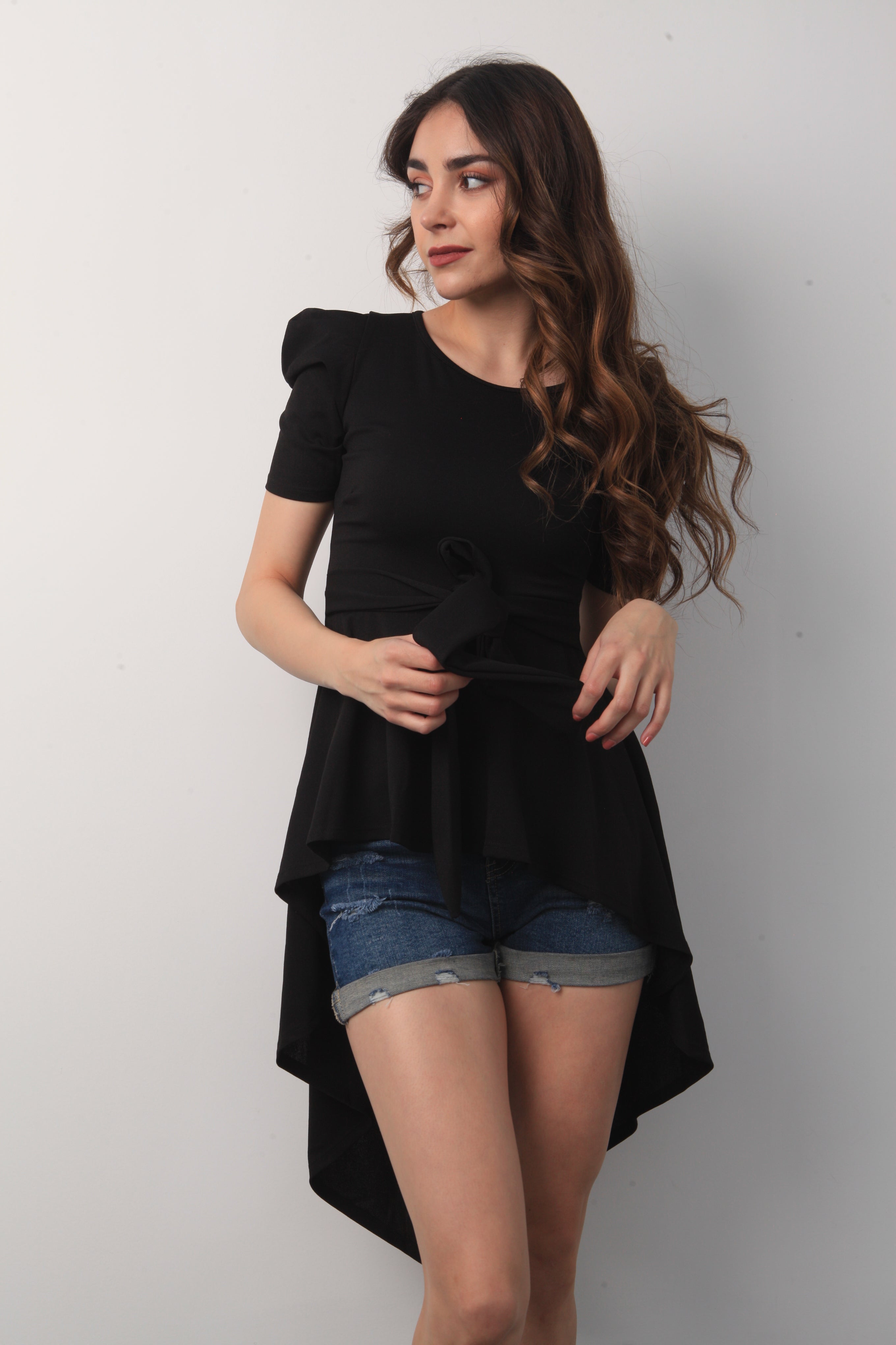 Blusón asimétrico manga puffy Negro