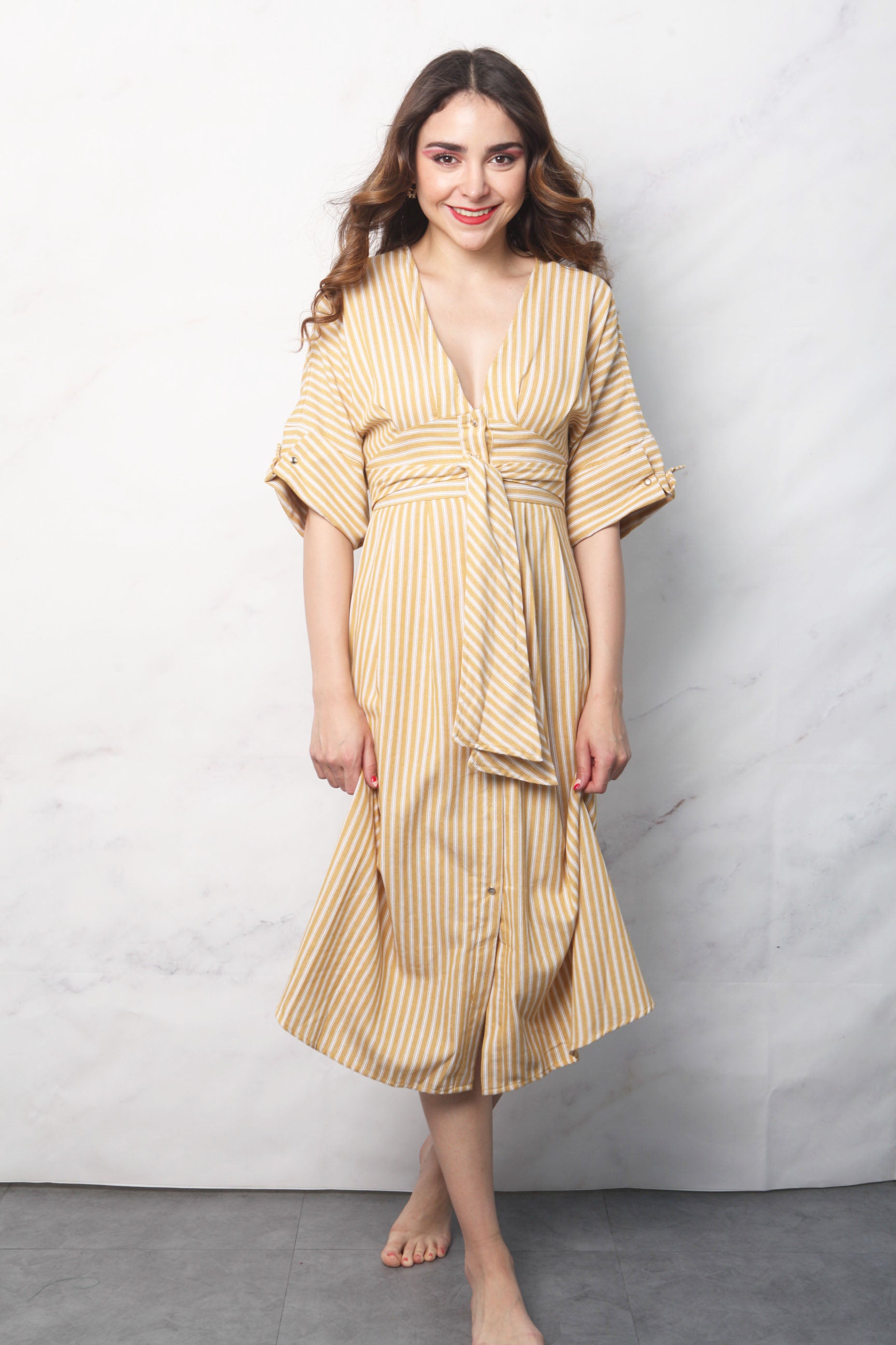 Vestido midi de rayas Amarillo