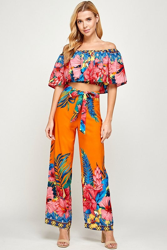 Set de Pantalón y Blusa Flores Naranja