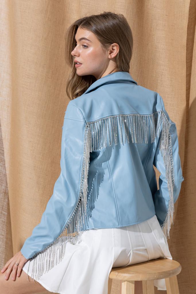 Chamarra biker vinipiel flecos brillos Azul