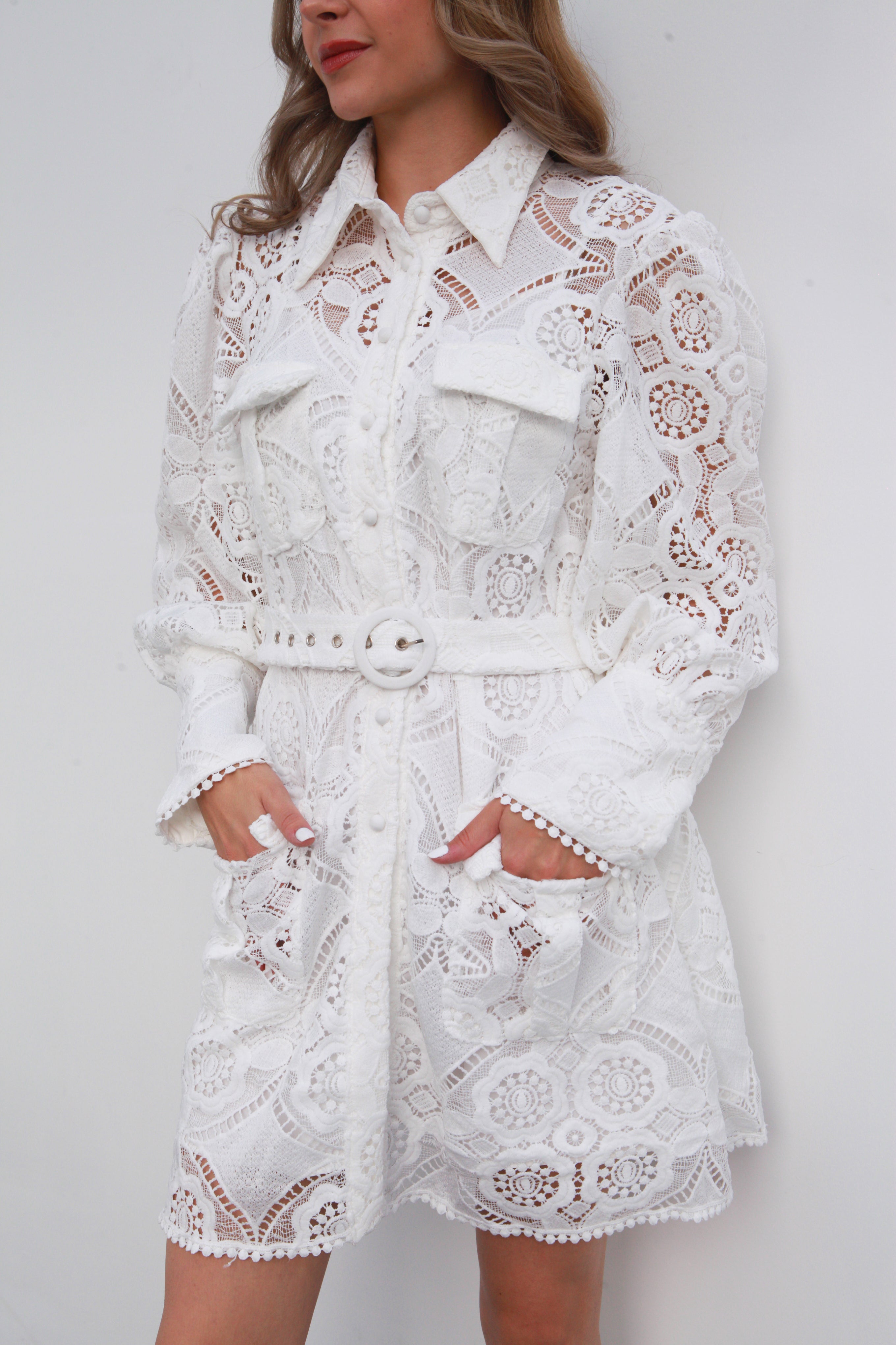 Vestido camisero corto manga larga Encaje Blanco