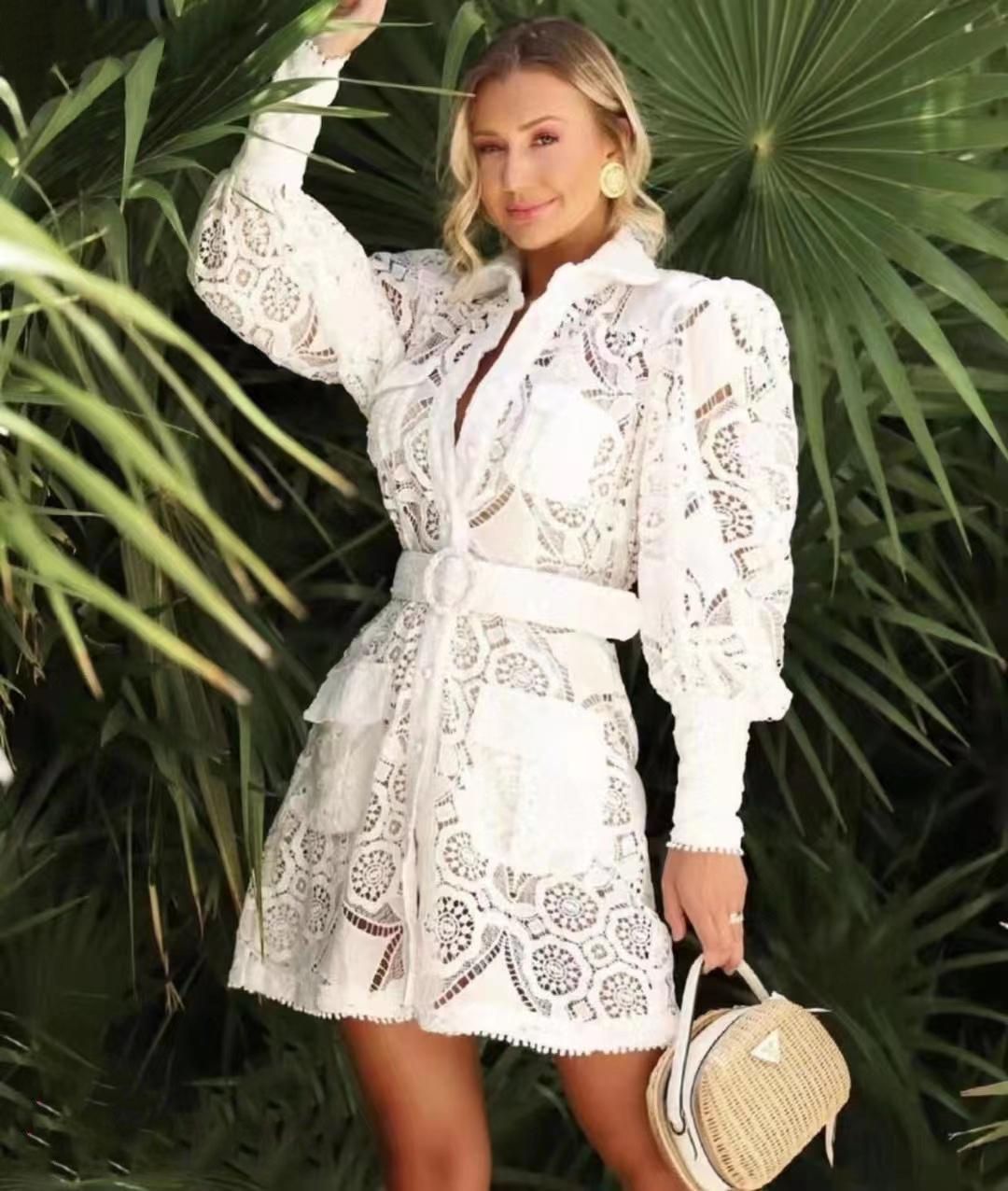 Vestido camisero corto manga larga Encaje Blanco