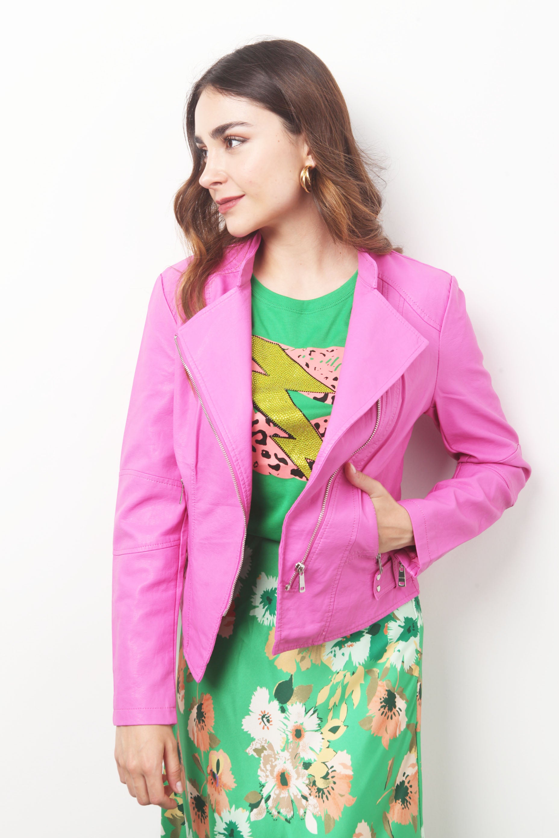 Chamarra biker de vinipiel Magenta