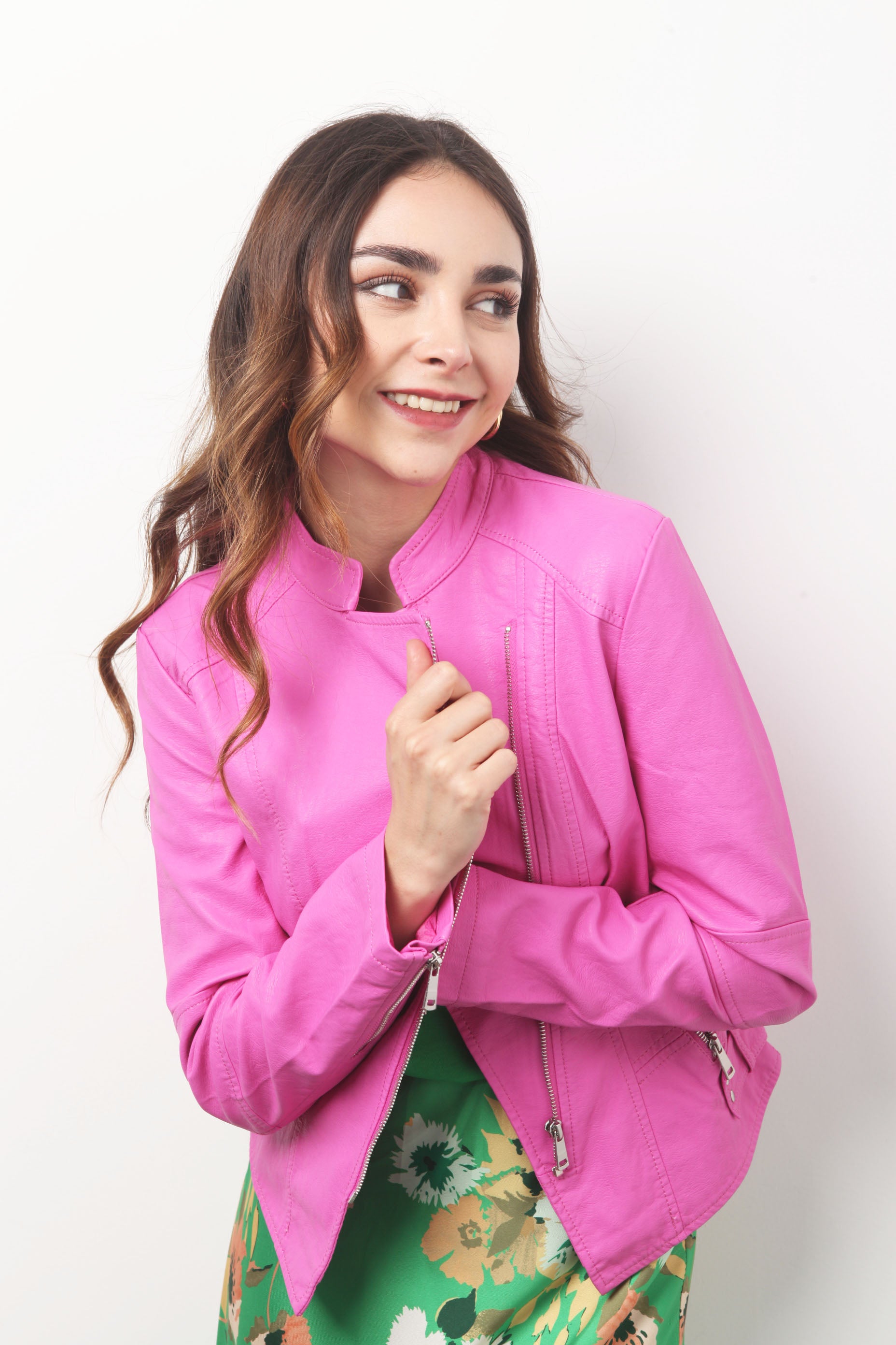 Chamarra biker de vinipiel Magenta