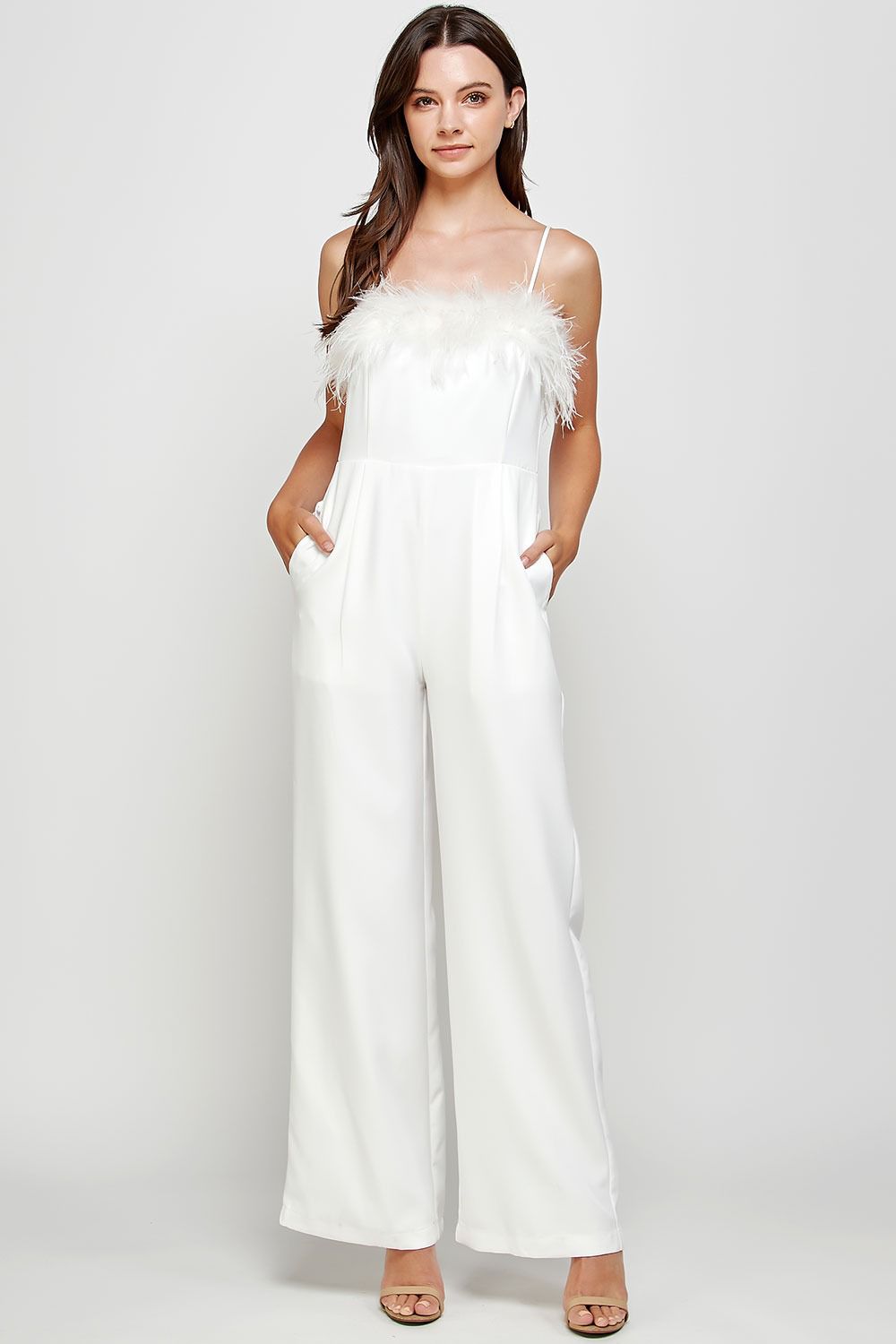 Jumpsuit pierna ancha con Plumas Blanco