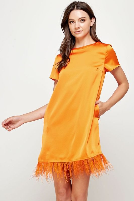 Vestido manga corta con plumas Naranja