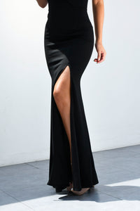 Fashion Styled Vestido largo off-shoulder abertura pierna Negro