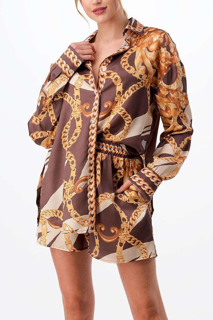 Set Short y Camisa satín cadenas Café