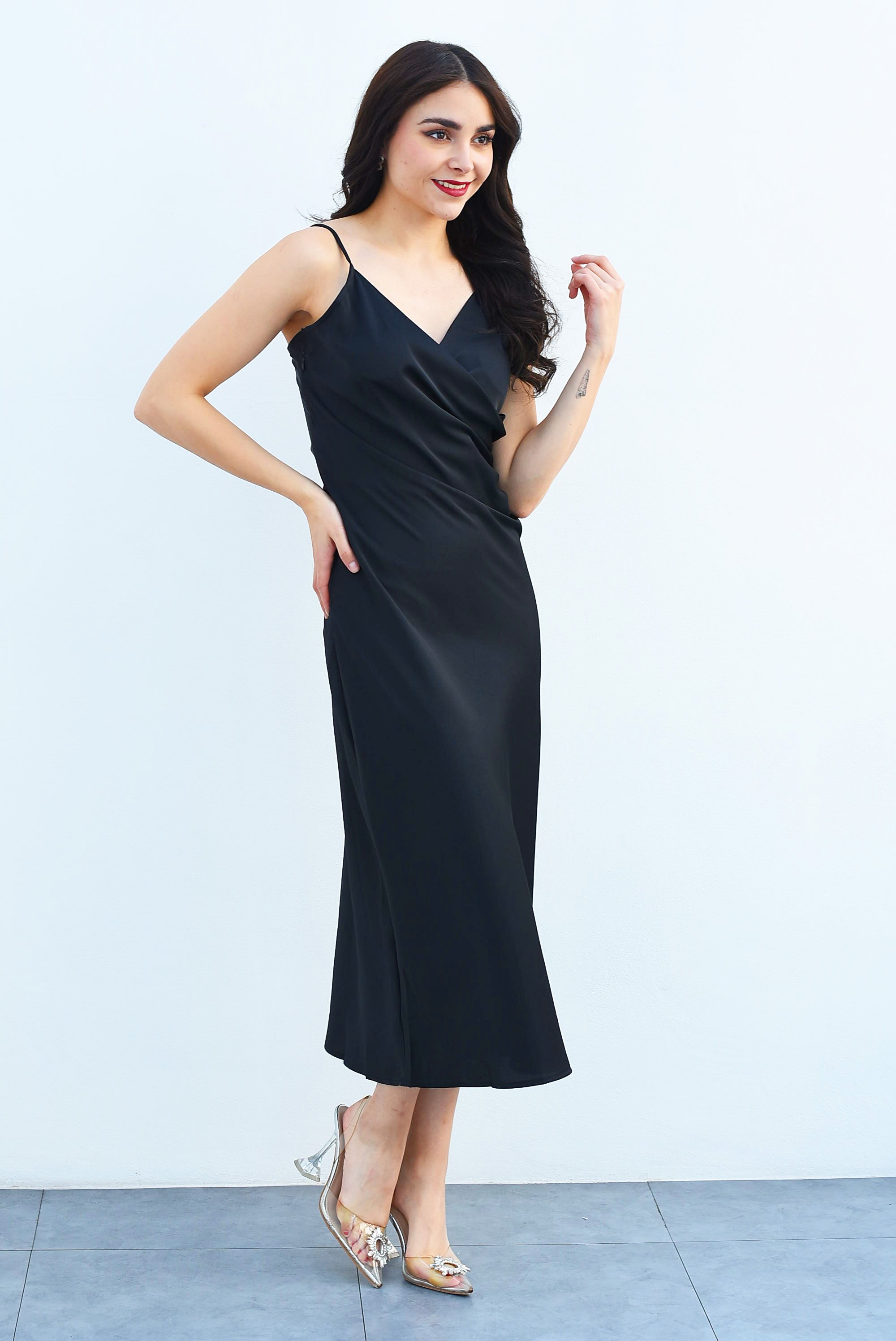 Vestido lencero drapeado Negro