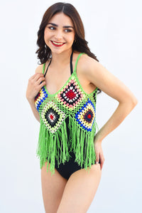 Fashion Styled Blusa crochet flecos y flores Verde