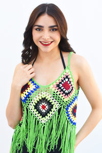 Fashion Styled Blusa crochet flecos y flores Verde