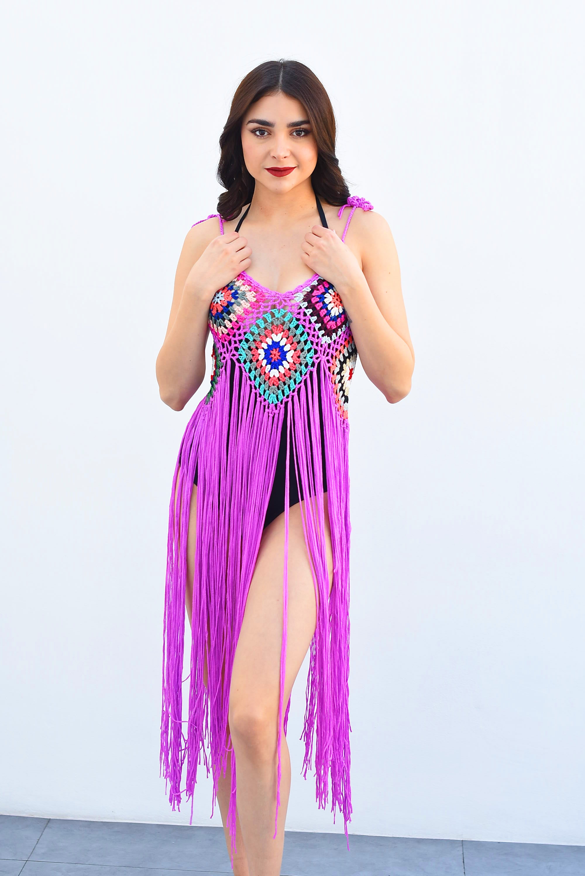 Blusa larga crochet flecos y flores Morada