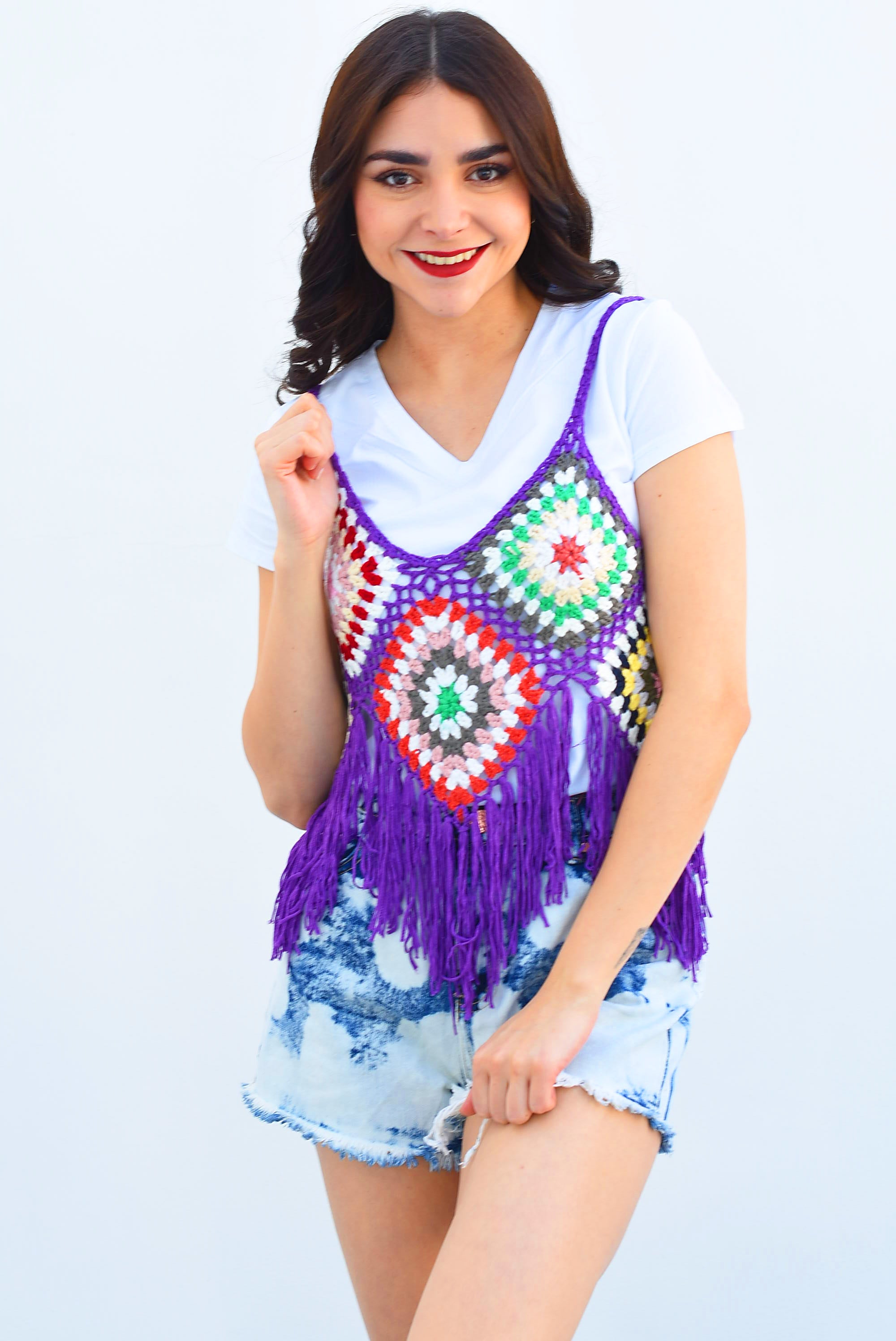 Blusa crochet flecos y flores Morada