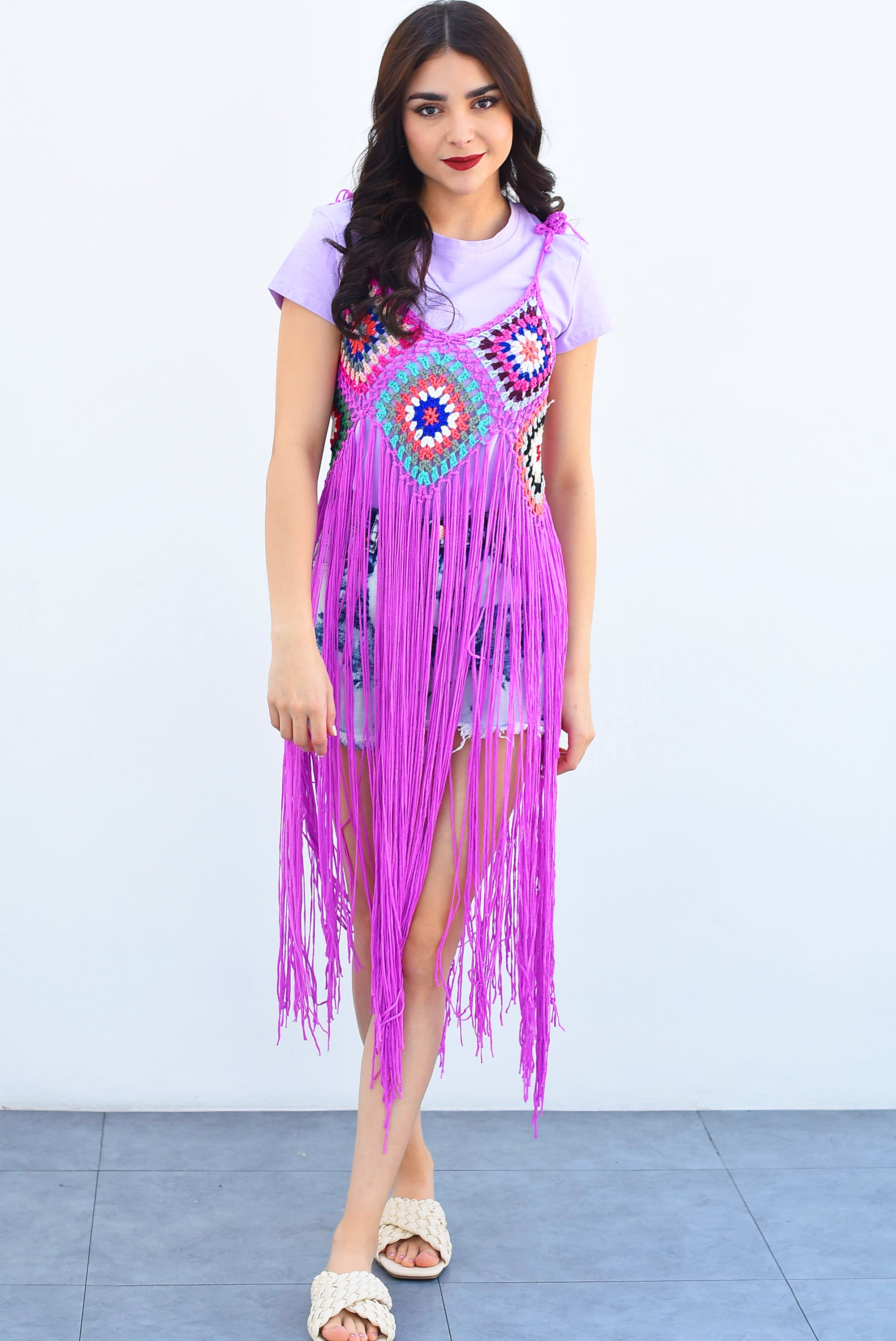 Blusa larga crochet flecos y flores Morada