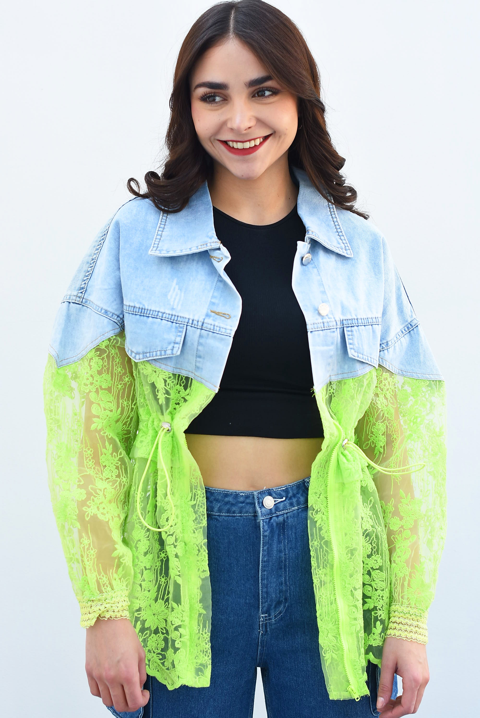 Chamarra Denim Encaje Verde neón
