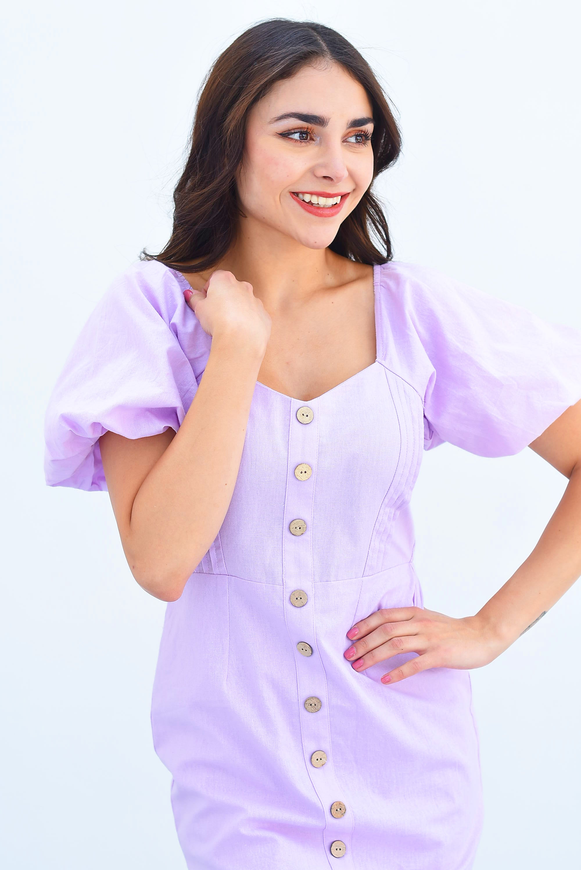 Vestido lino manga puffy Lila