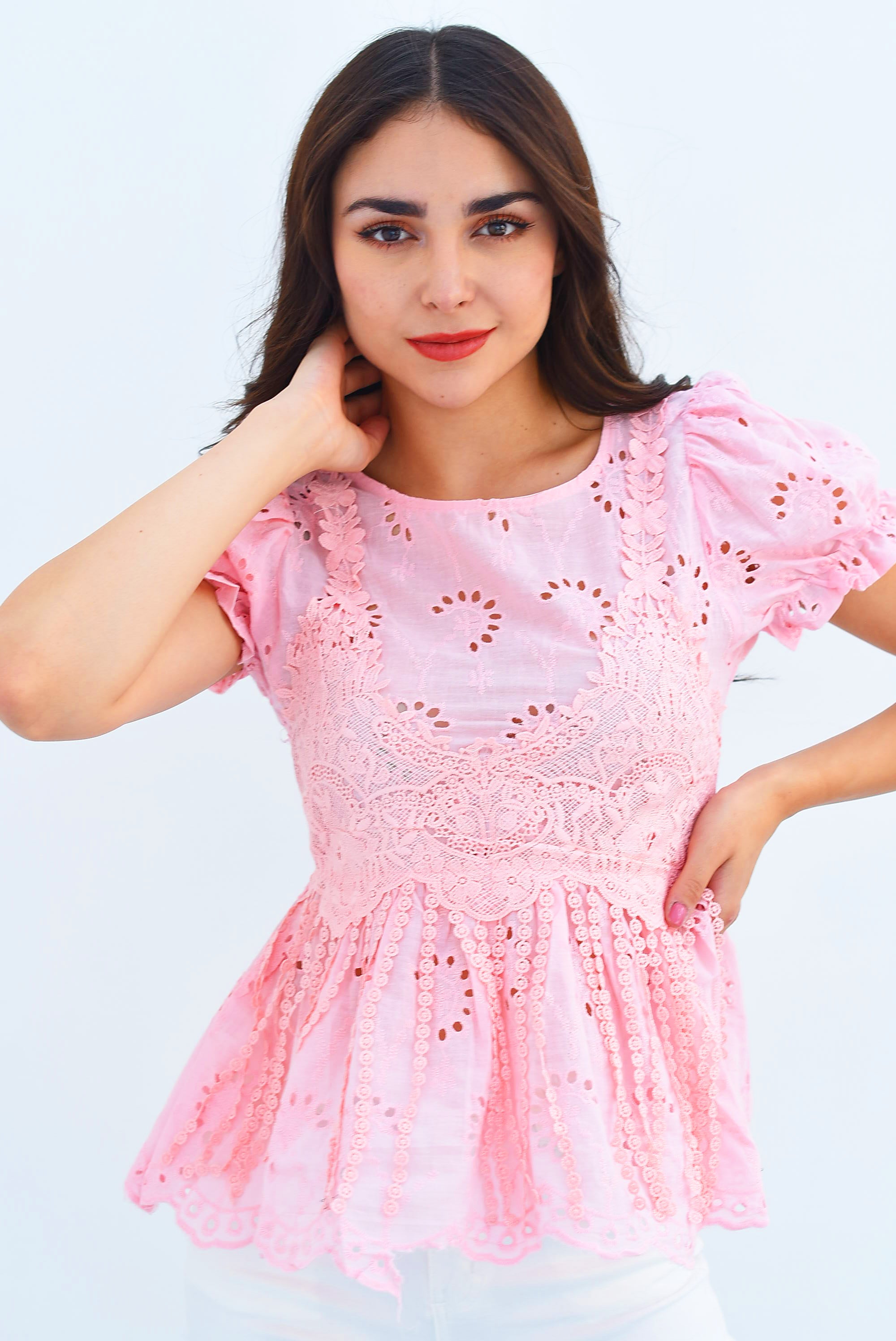 Blusa peplum calada Rosa
