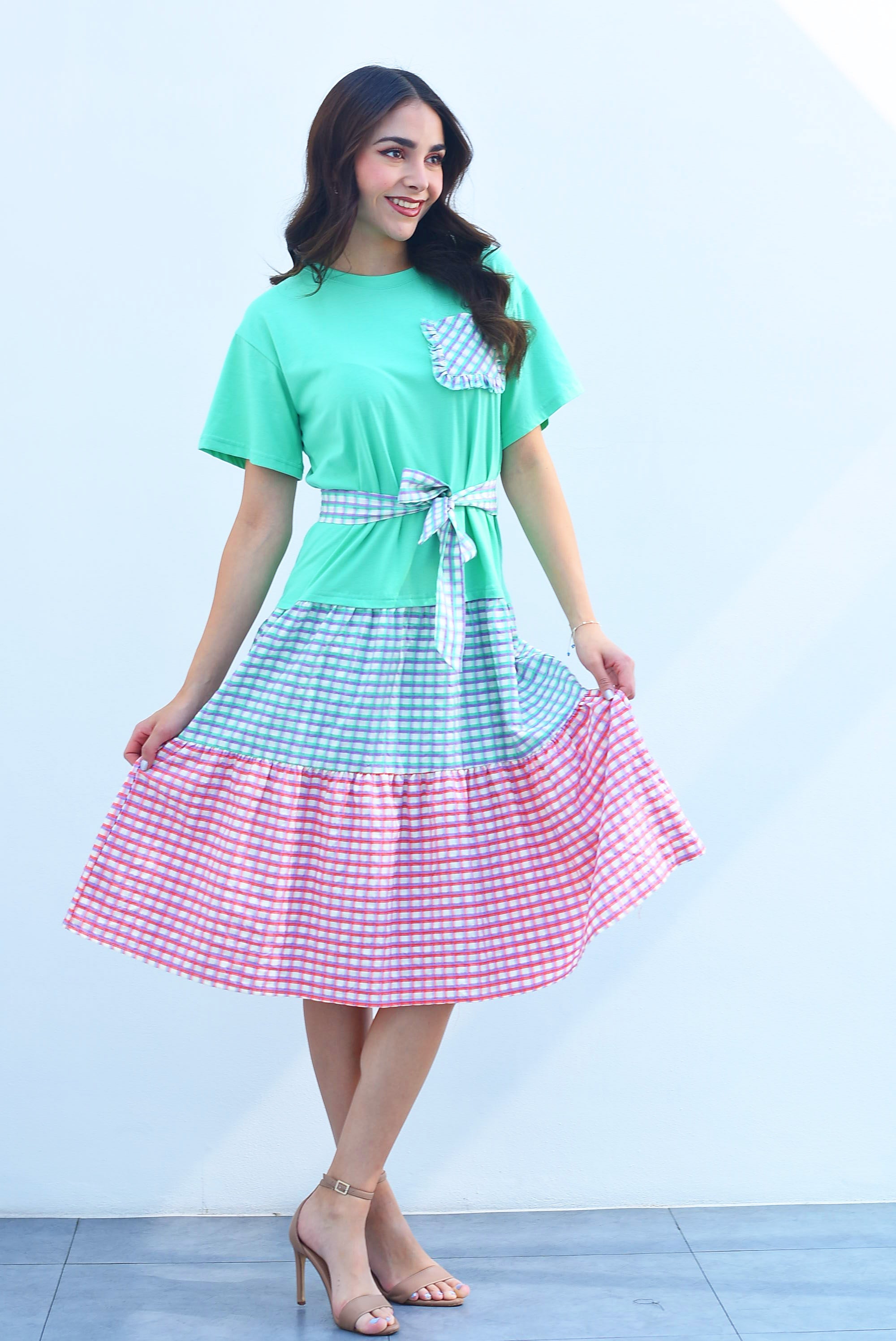 Vestido midi top playera falda cuadros Turquesa