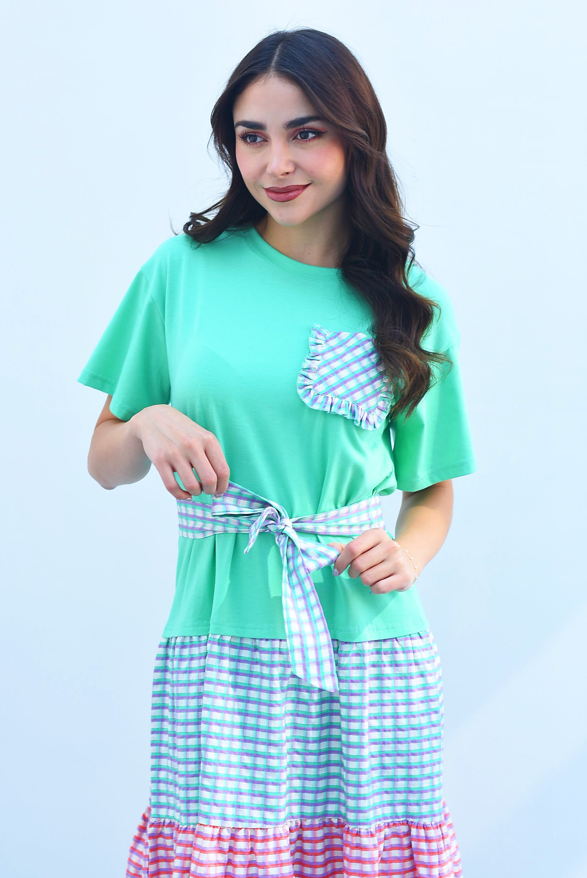 Vestido midi top playera falda cuadros Turquesa