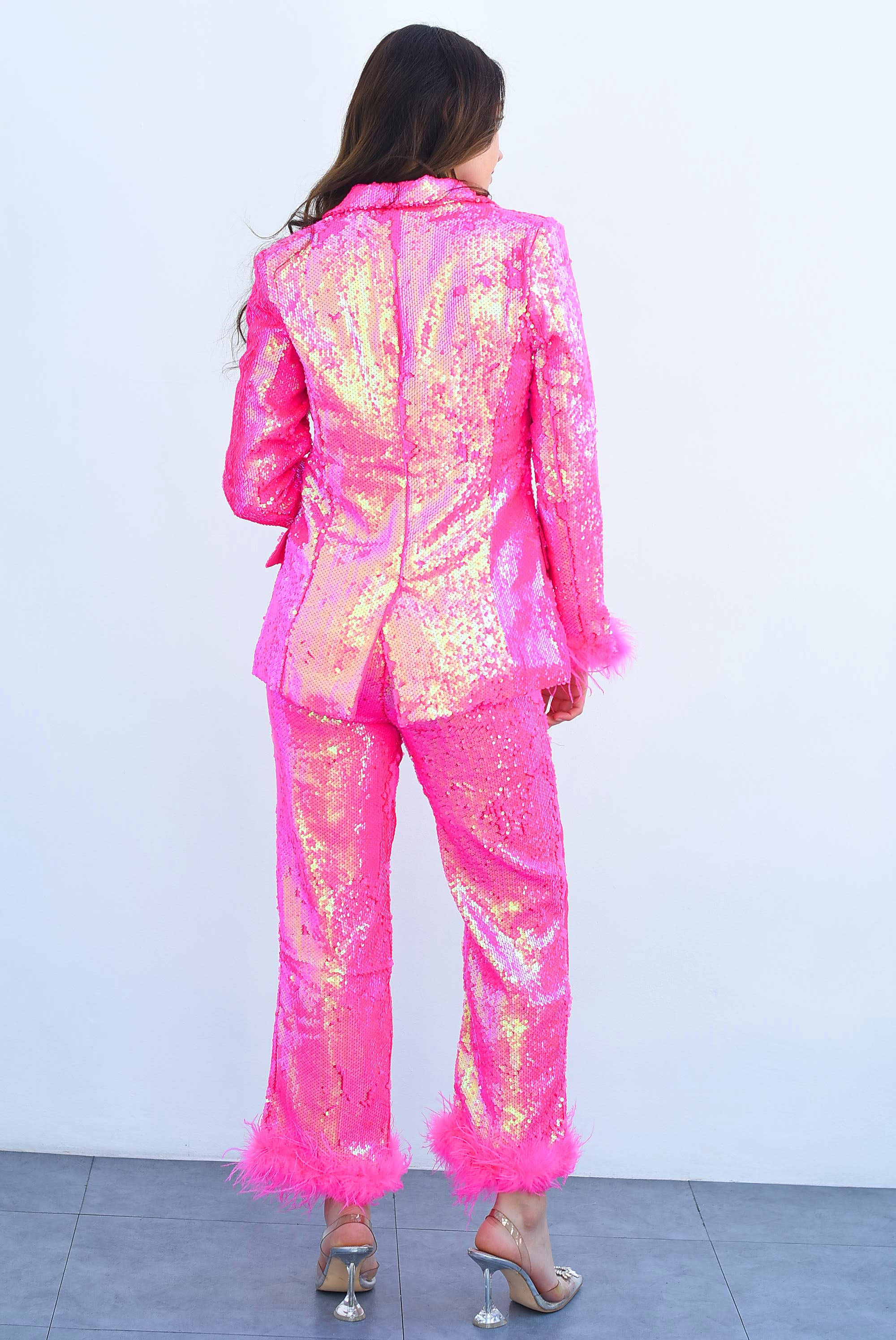 Set Blazer y Pantalón lentejuelas y plumas Rosa Neón
