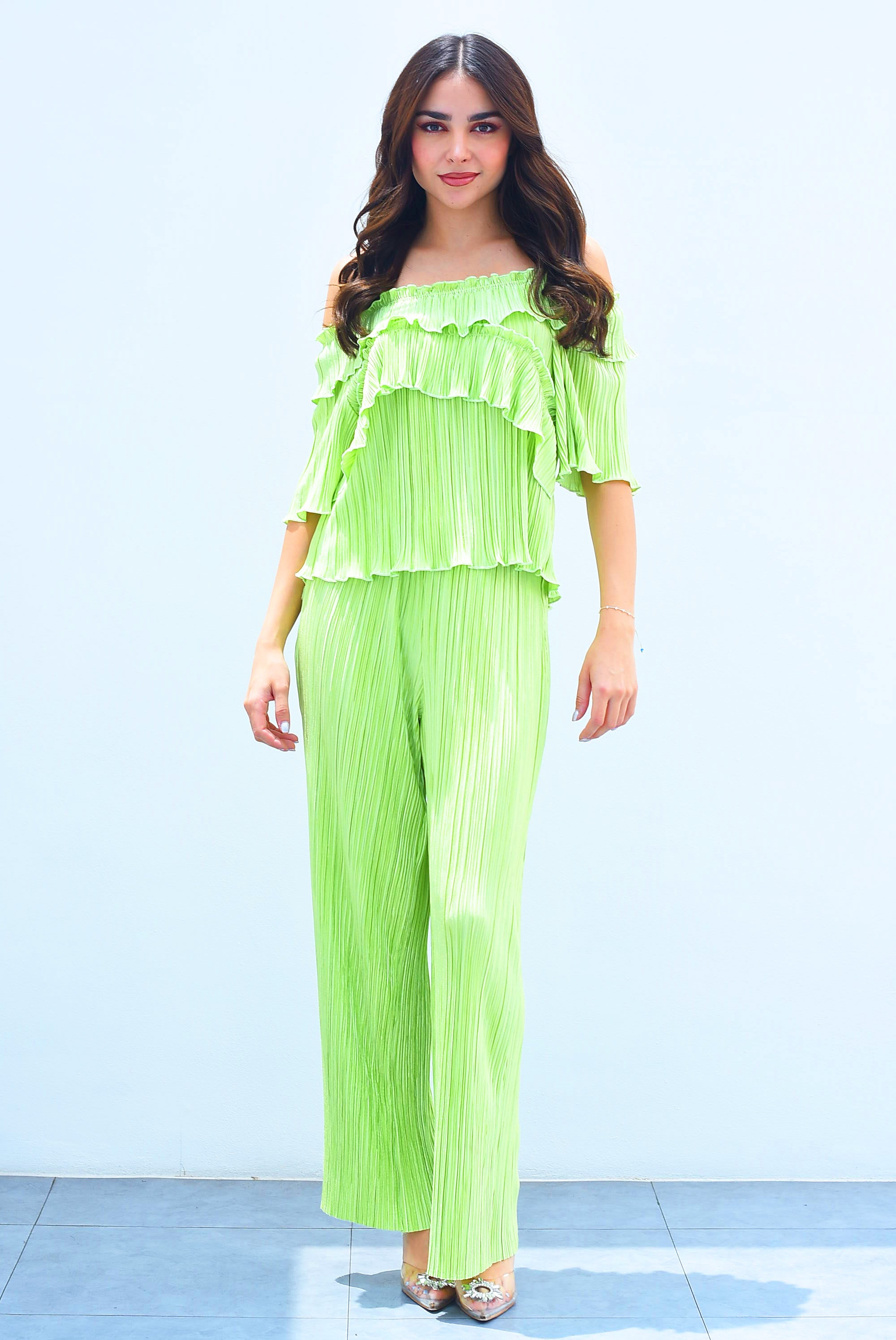 Set Pantalón y Blusa olanes Verde Limón